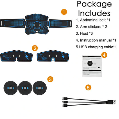 USB-rechargeable EMS abdominal muscle trainer with six electrode pads and digital control unit