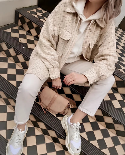 Women's beige plaid thick coat with pearl buttons, long sleeves, lapel collar, and side pockets in size M