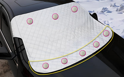 Silver magnetic windshield cover showing aluminium foil coating and edge magnets for vehicle protection