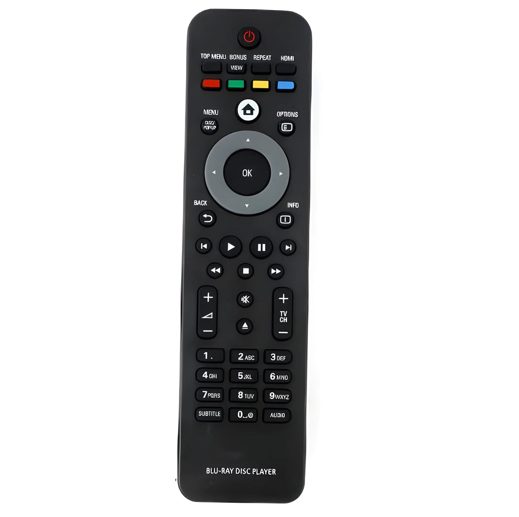 Black plastic universal remote control for Philips Blu-ray disc player, 18.5cm long