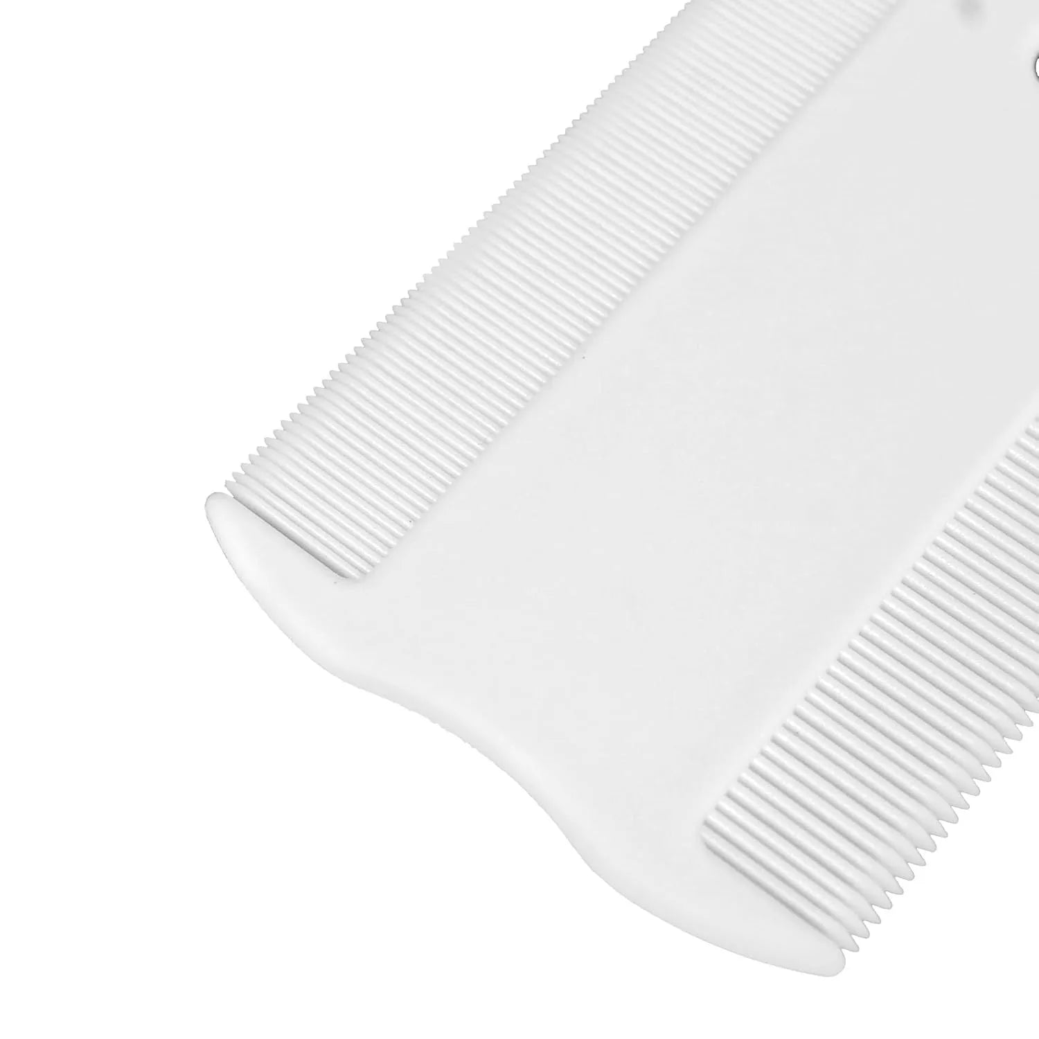 Double-sided plastic flea comb for pets showing dense teeth on one side and standard teeth on the other.