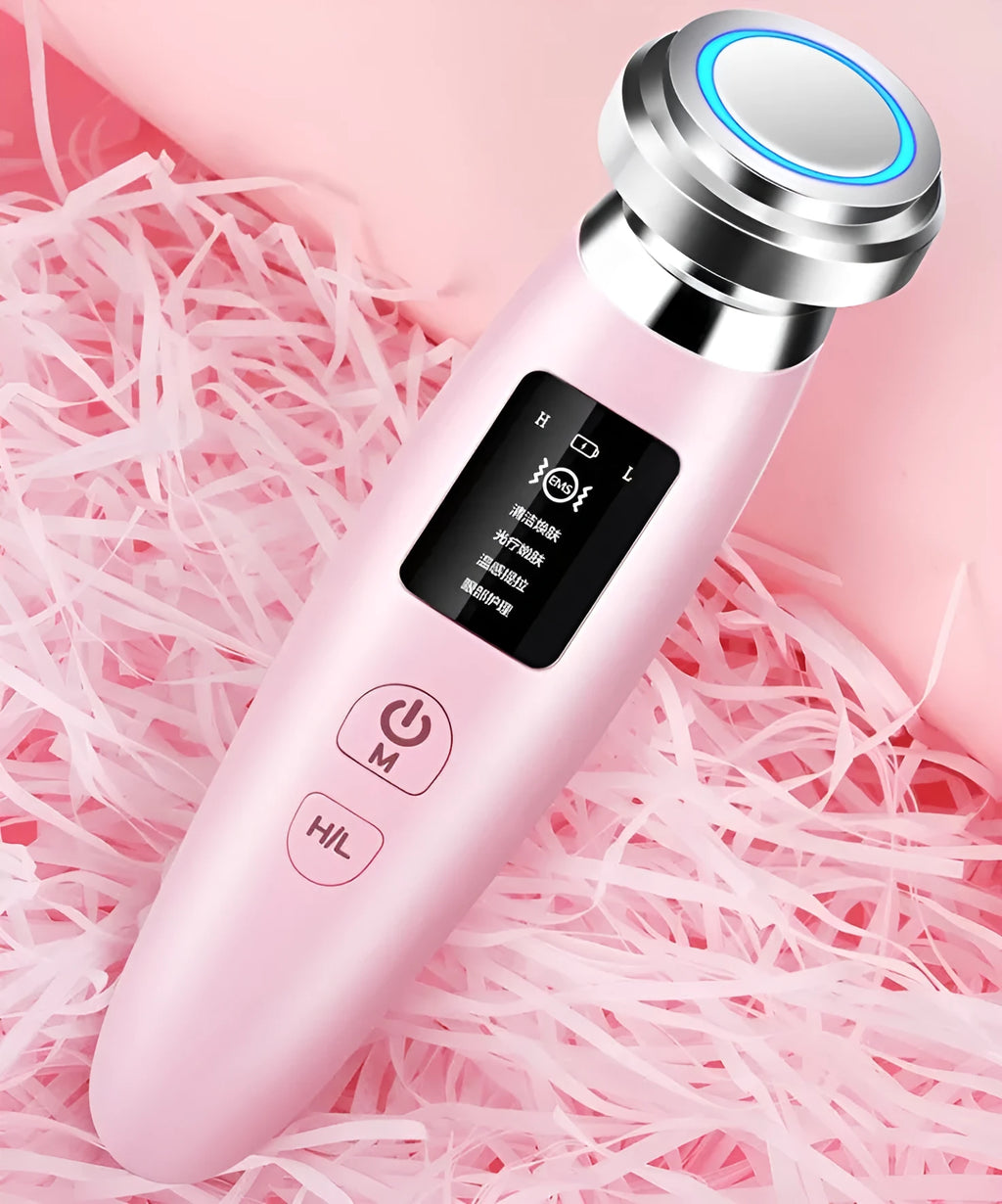 Pink handheld facial cleansing and rejuvenation beauty instrument with micro-current technology