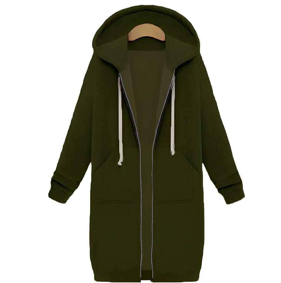 Women's hooded long-sleeved zipper jacket in army green, full length 106cm, 650g broadcloth for winter wear sizes S-5XL