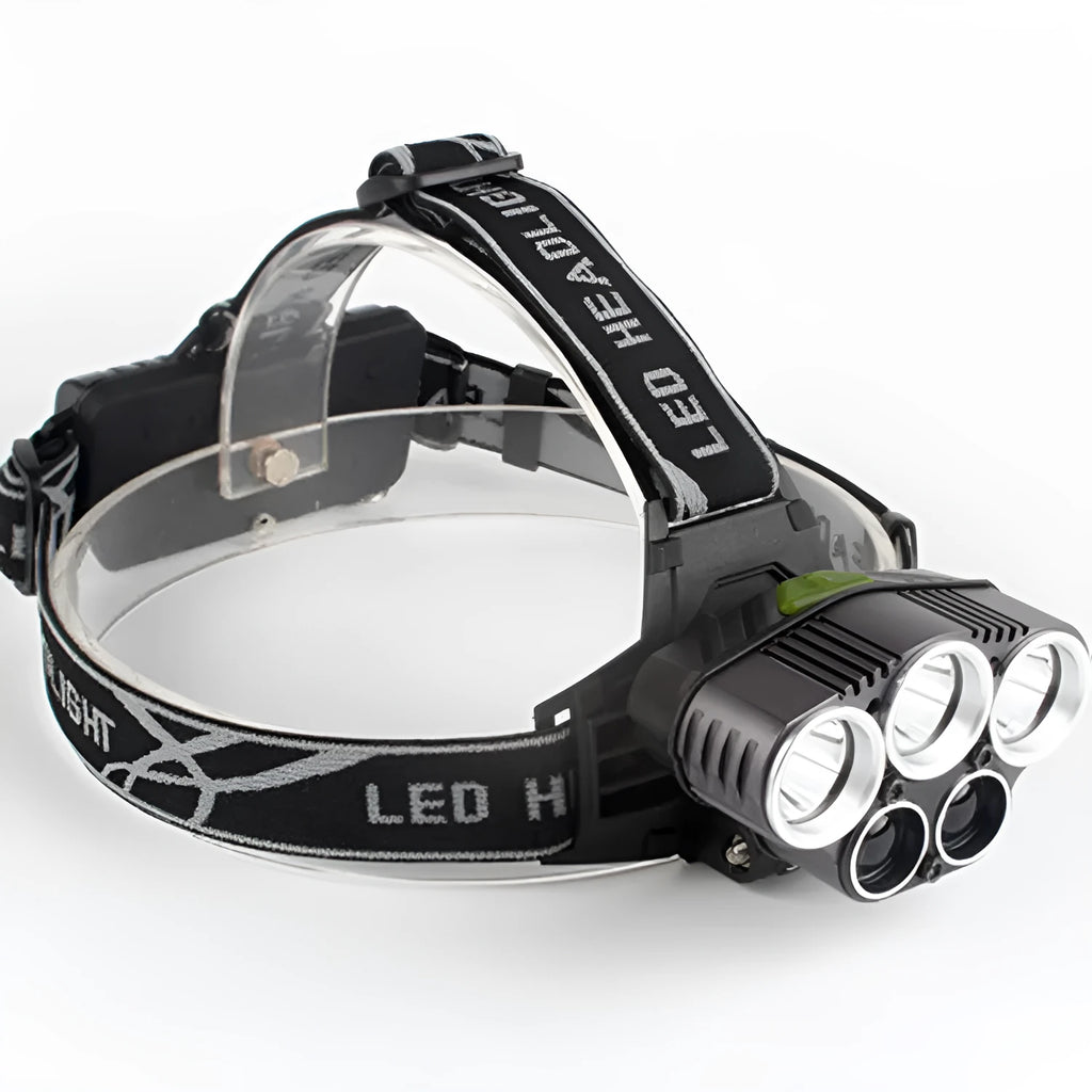 Fixed focus LED head torch with head strap, shown illuminating a long distance.