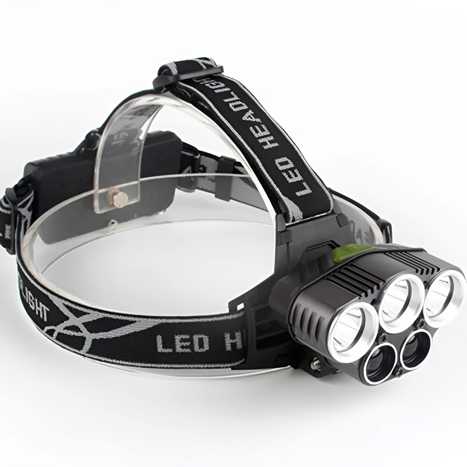 Fixed focus LED head torch with head strap, shown illuminating a long distance.