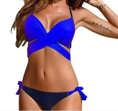 Women's steel support cross straps bikini set in H1809 lake blue, two-piece swimsuit with open back