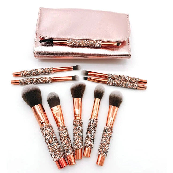 10 colourful makeup brushes with diamond wrap design and nylon bristles for powder application