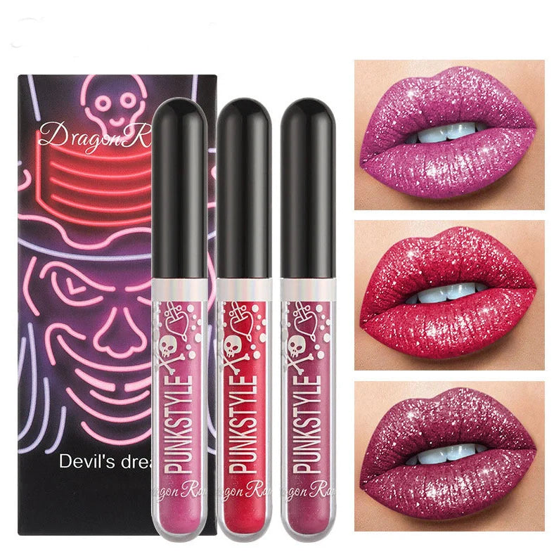 Three sets of Halloween diamond lip gloss tubes in colours A, B, C, D with 2ml each and 44mm by 16.5mm by 101mm size