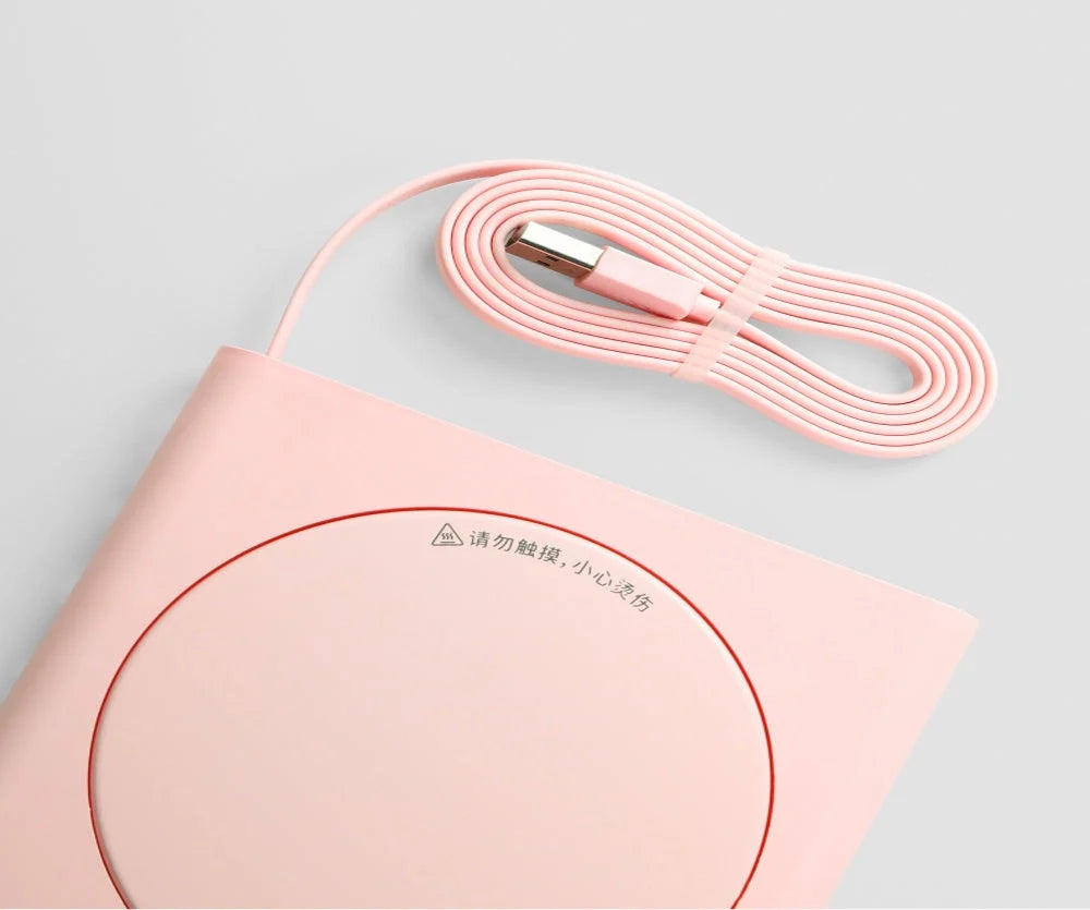 Adjustable Thermostat Coaster in white, blue, and pink with USB interface