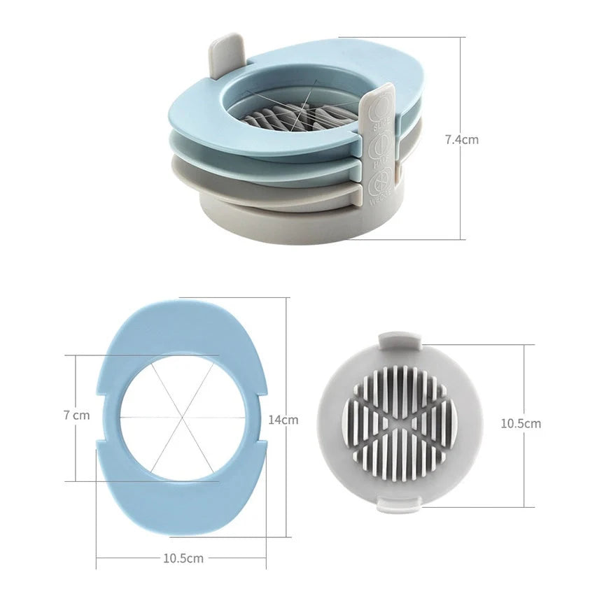 Three-in-one egg cutting gadget in red, blue, and orange colours