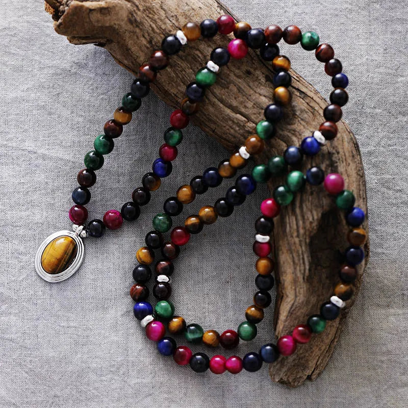 Colour tiger-eye bead necklace with crown, wing, infinite and heart pendants on adjustable chain