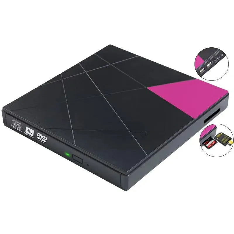 USB external DVD burner with card reader in rose gold, compact 152x142x20mm size