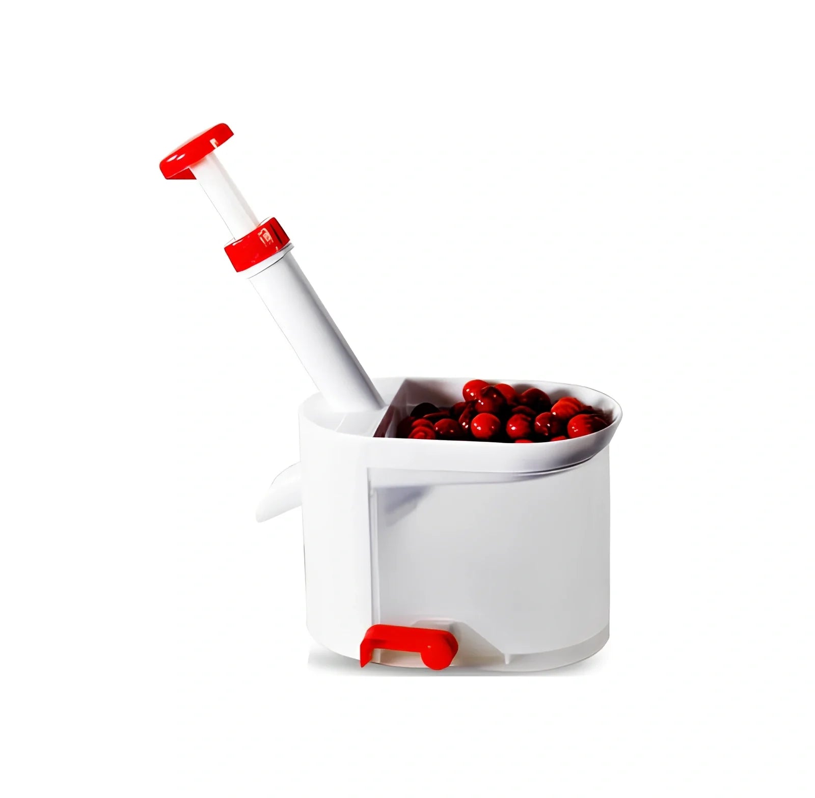 White cherry nucleator fruit cutter with stainless steel blades and plunger mechanism for cutting grapes