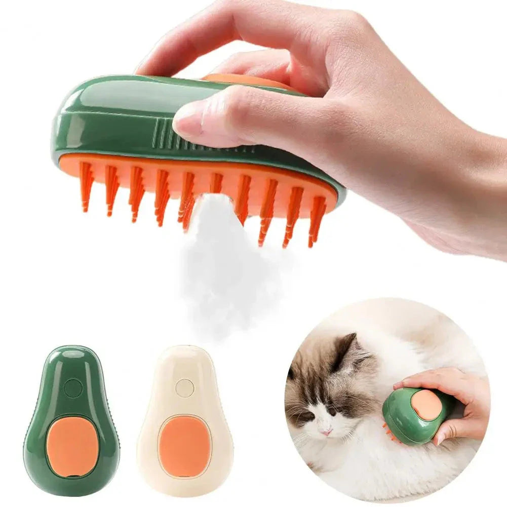 Avocado-shaped electric pet grooming brush with steaming and massage functions for cats and dogs