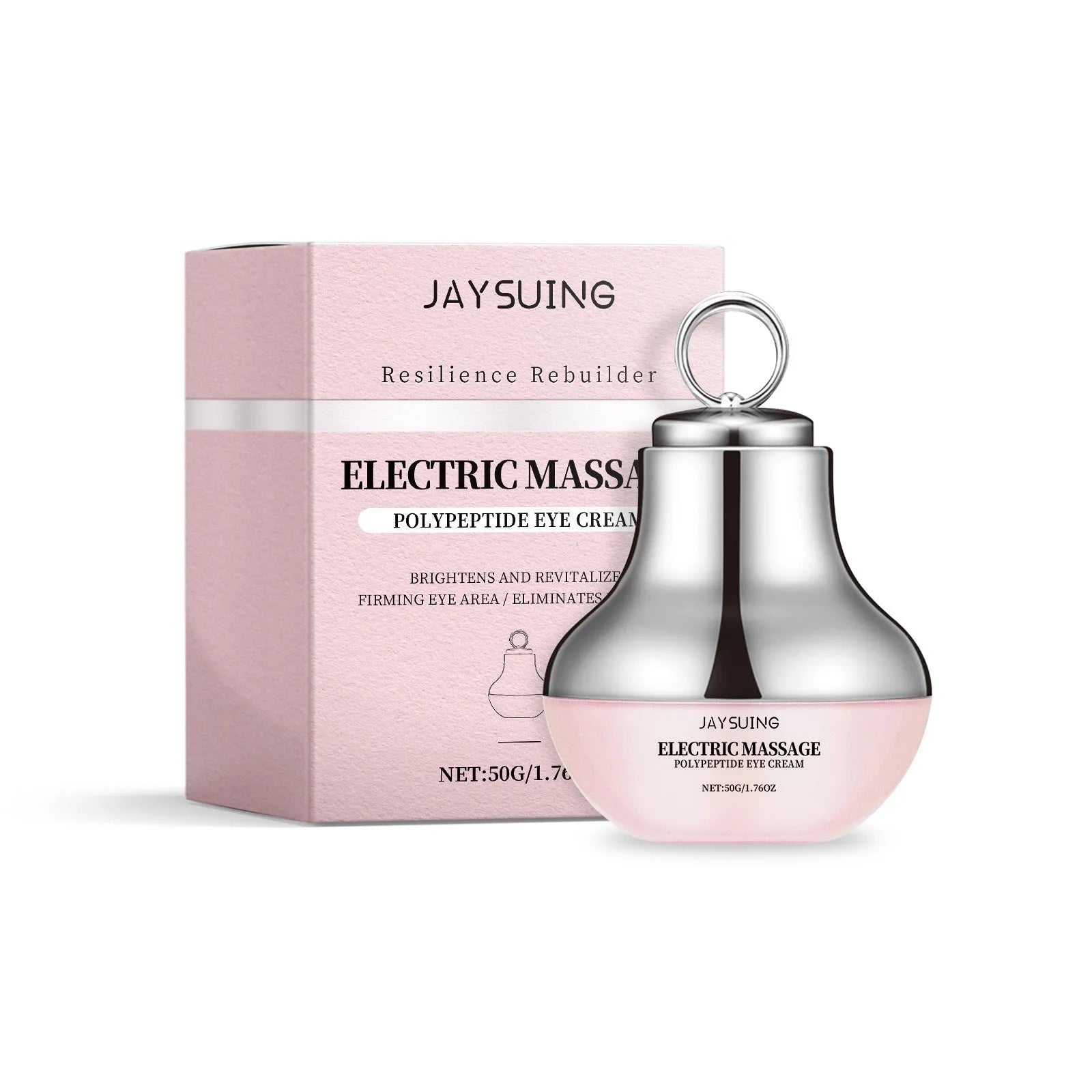 Electric firming eye cream 50g jar with silver massage head on white background