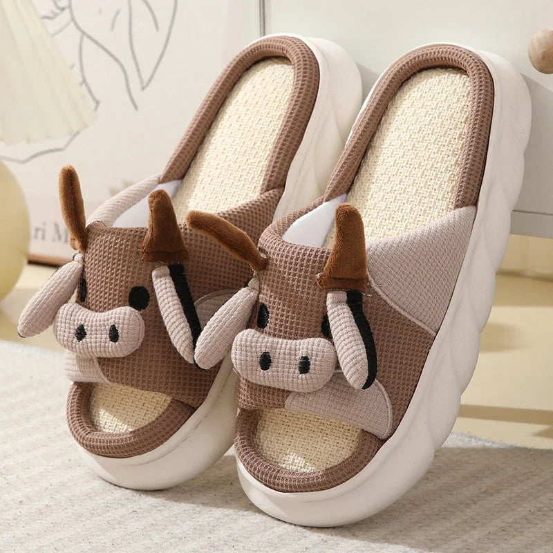 Cartoon cow frog design linen slippers with non-slip PVC sole