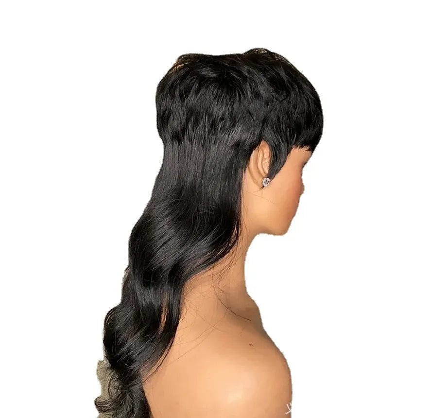 Brazilian black wig with bangs, short front and long back layers, made from synthetic high-temperature fibre.