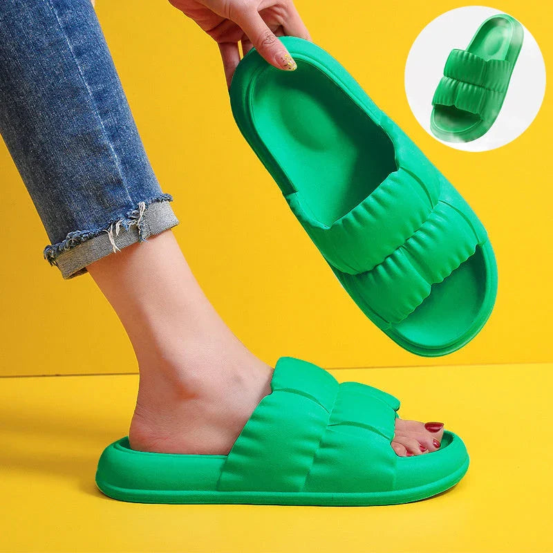 Plush Bathroom Slides in various colors and designs, featuring a soft, comfortable EVA sole and breathable upper material.