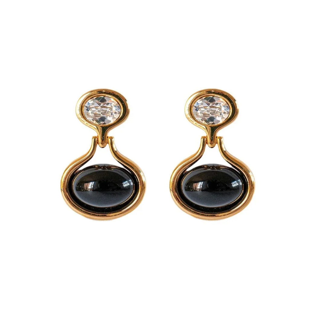 Pair of 18K gold-plated geometric earrings with black onyx and diamonds, 28mm x 18.5mm, gold colour
