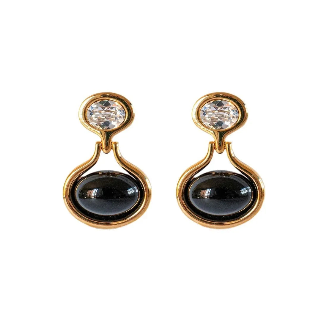 Pair of 18K gold-plated geometric earrings with black onyx and diamonds, 28mm x 18.5mm, gold colour