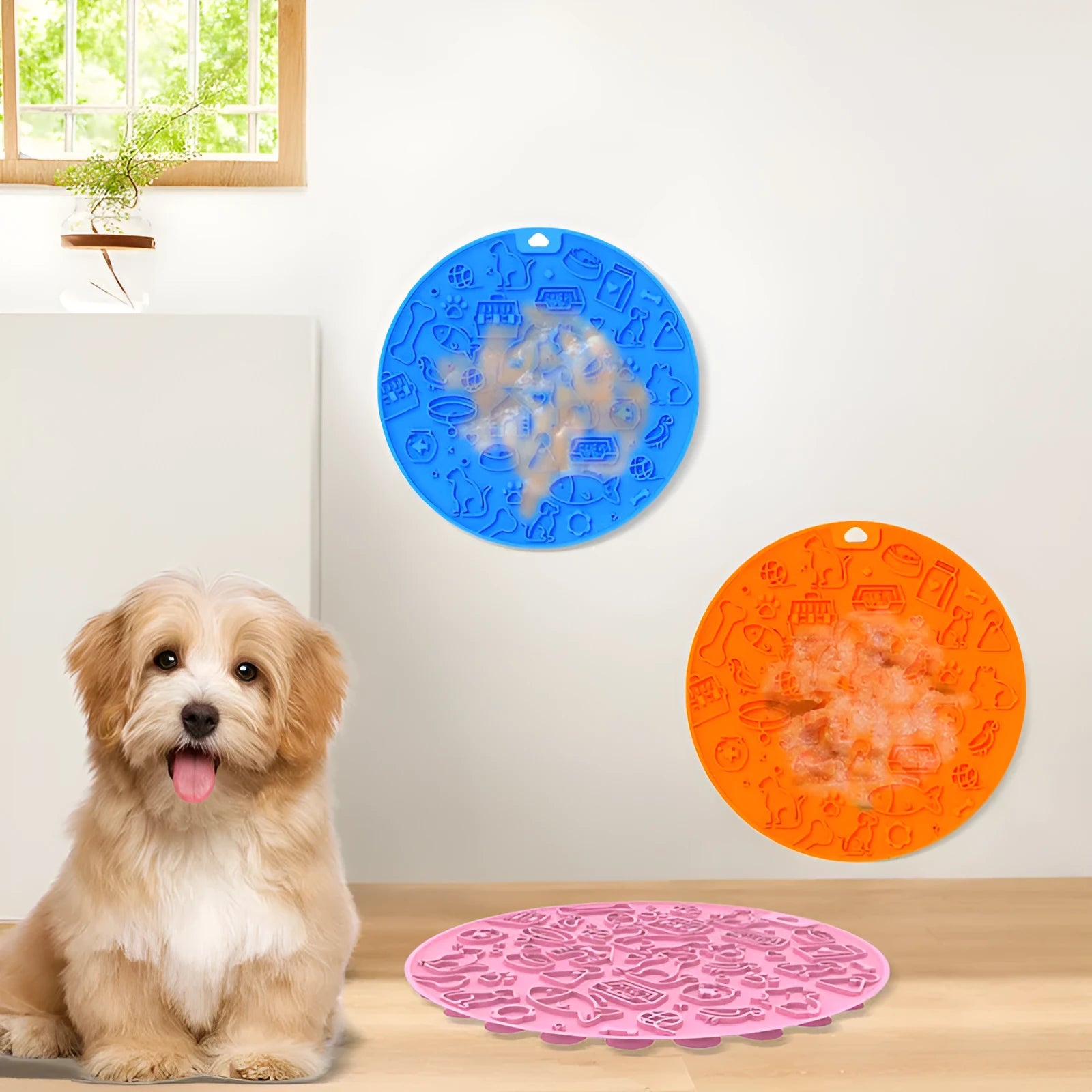 Round blue silicone pet licking mat with textured surface and central sucker on a white background.
