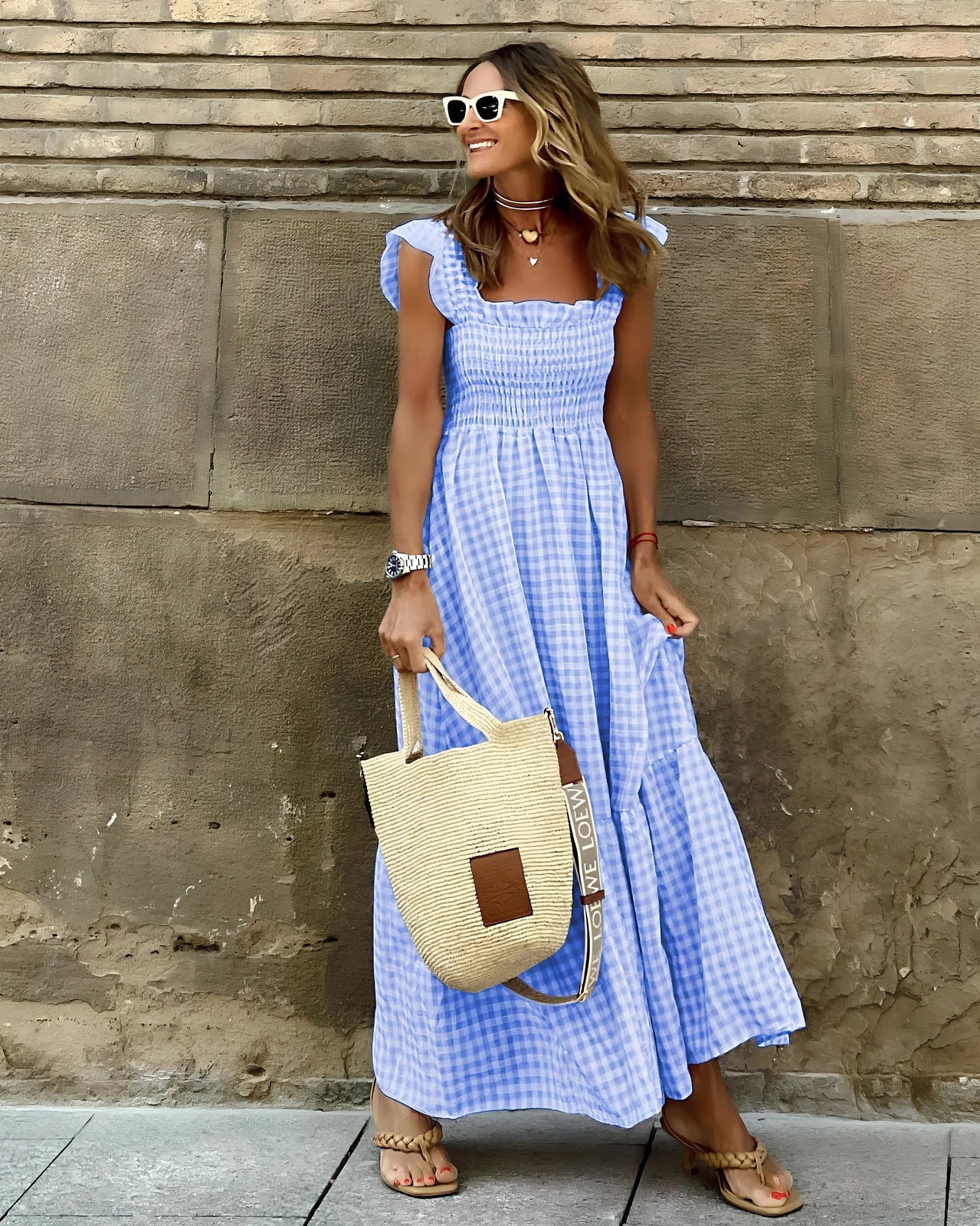 Summer plaid print pleated ruffle sleeveless A-line beach dress in sky blue, 134cm length, polyester fabric for women sizes S-3XL