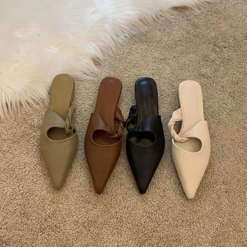 Women's soft leather slippers with semi-toe box design in four colour options