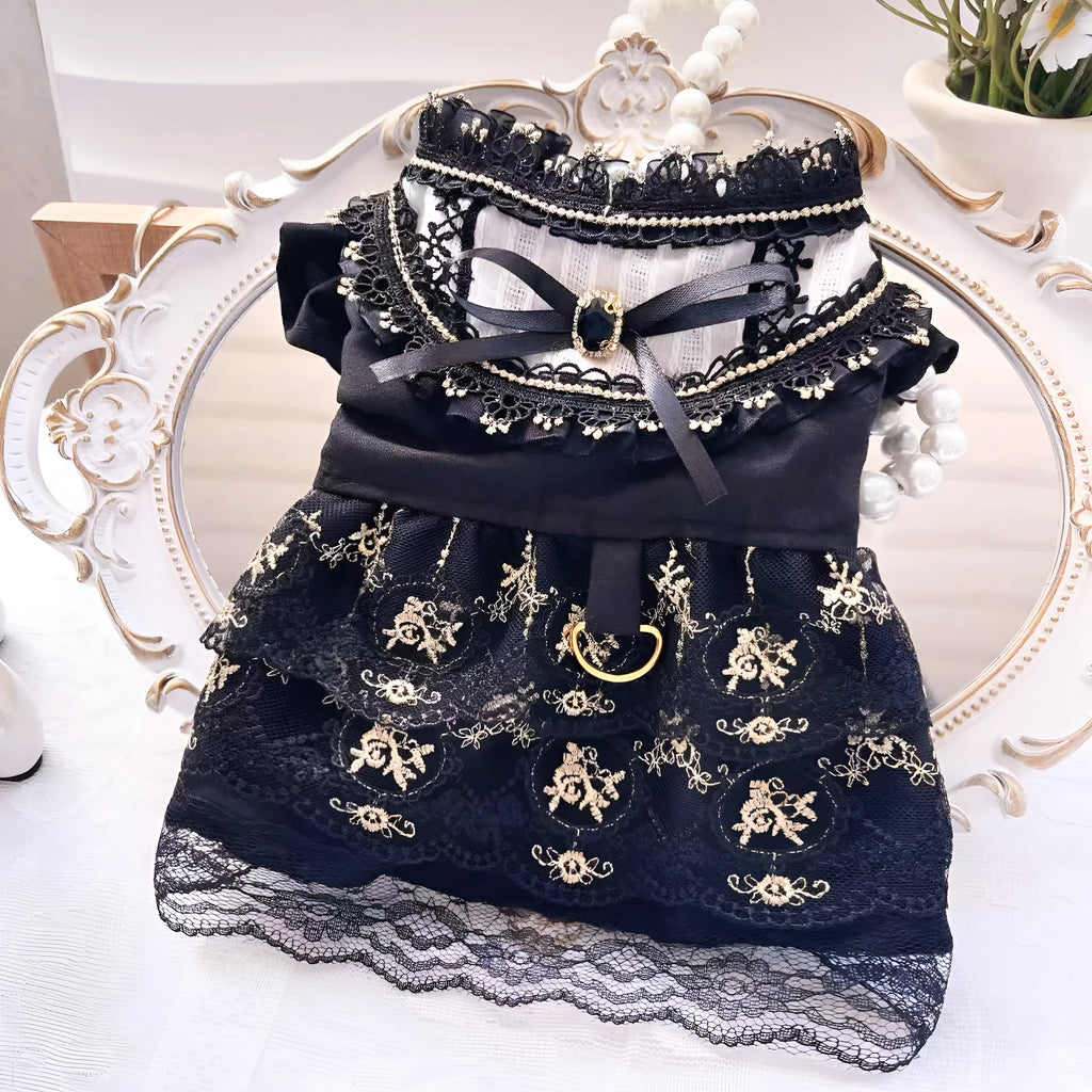 Golden gothic princess skirt costume for a small dog on a white background.