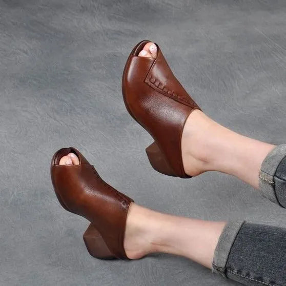 Women's black square heel peep-toe slipper sandals with a fish mouth opening and rubber sole.