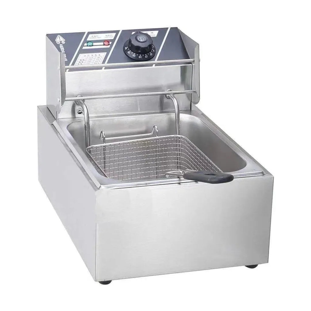 Stainless steel commercial deep fryer with oil tank, lid, and two frying baskets