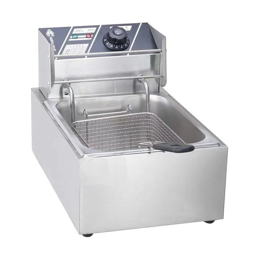 Stainless steel commercial deep fryer with oil tank, lid, and two frying baskets