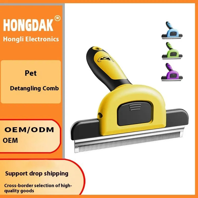 Yellow and blue plastic dog grooming comb with stainless steel teeth for hair removal