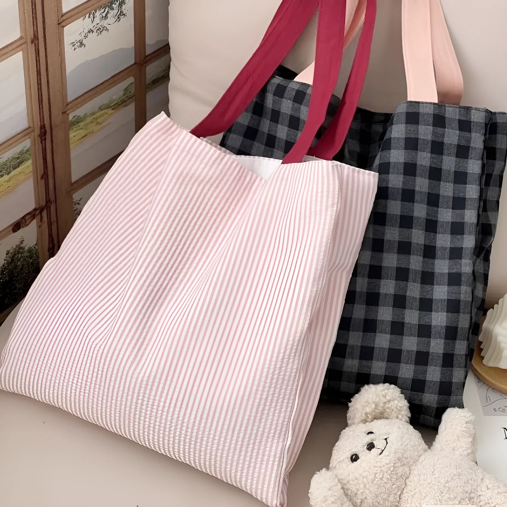 Canvas multi-layer tote shoulder bag showing three colour options: light pink stripes, black and gray plaid, dark gray stripes