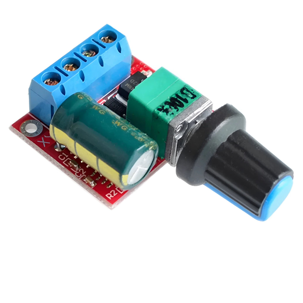 PWM DC motor governor module with connection terminals and adjustment potentiometer for speed control