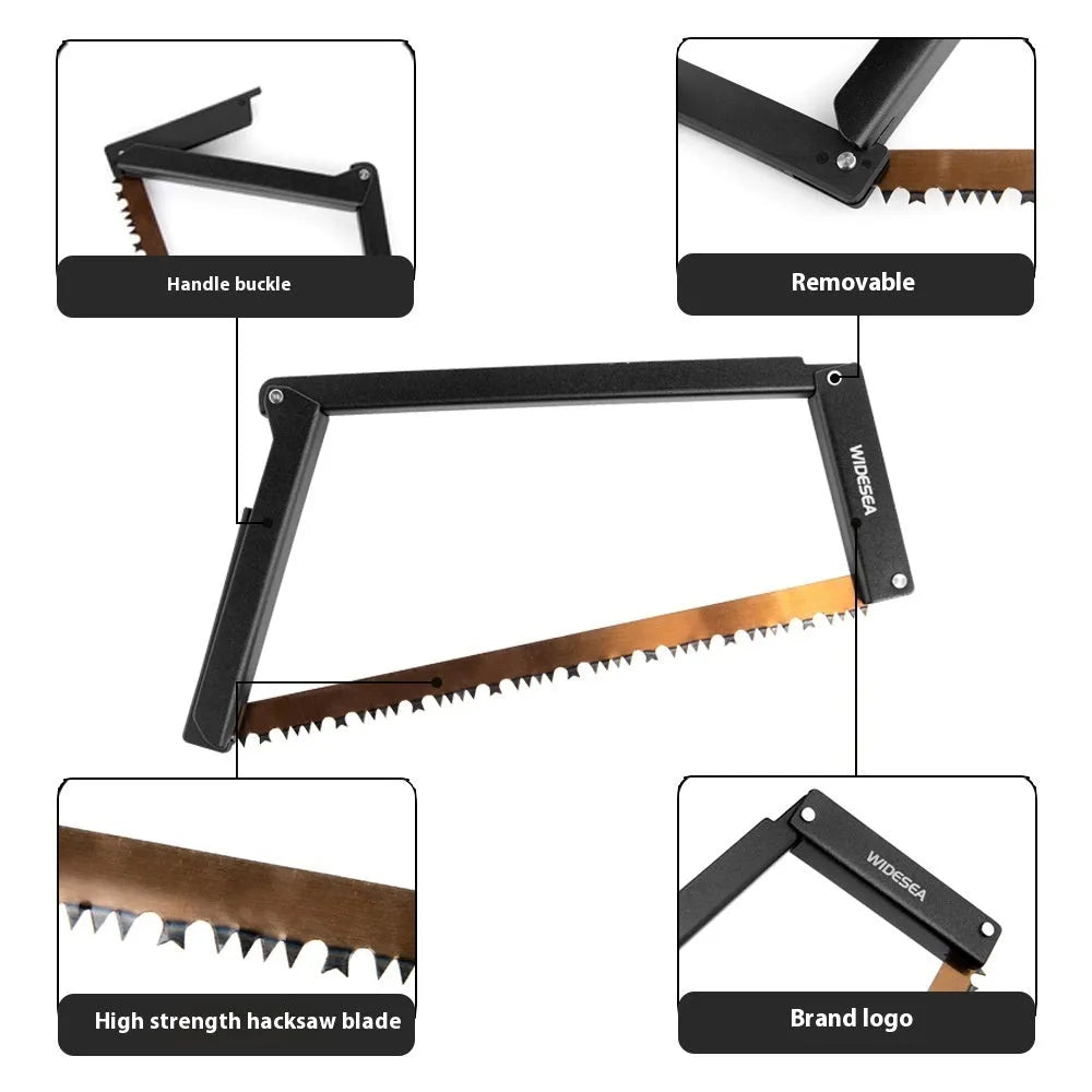 Black outdoor foldable saw with aluminium and nylon handle shown in open cutting position