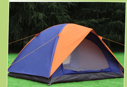 Orange-blue double camping tent with aluminium poles showing mesh windows and waterproof construction details