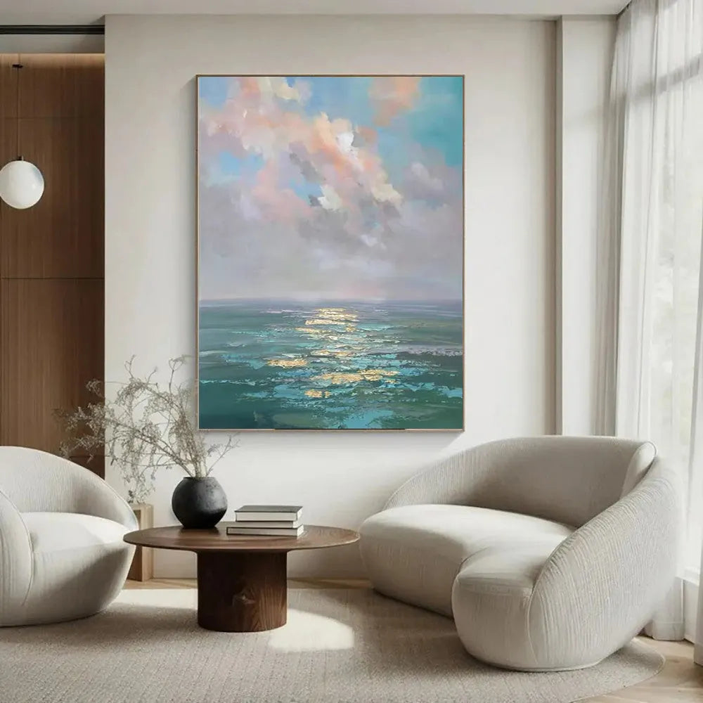 Handmade oil painting canvas abstract ocean landscape modern wall art for home decor, rolled frameless unstretched