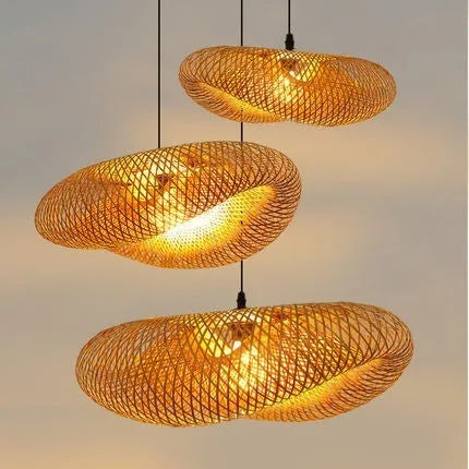 Straw hat-shaped bamboo hanging lamp with natural woven rattan construction