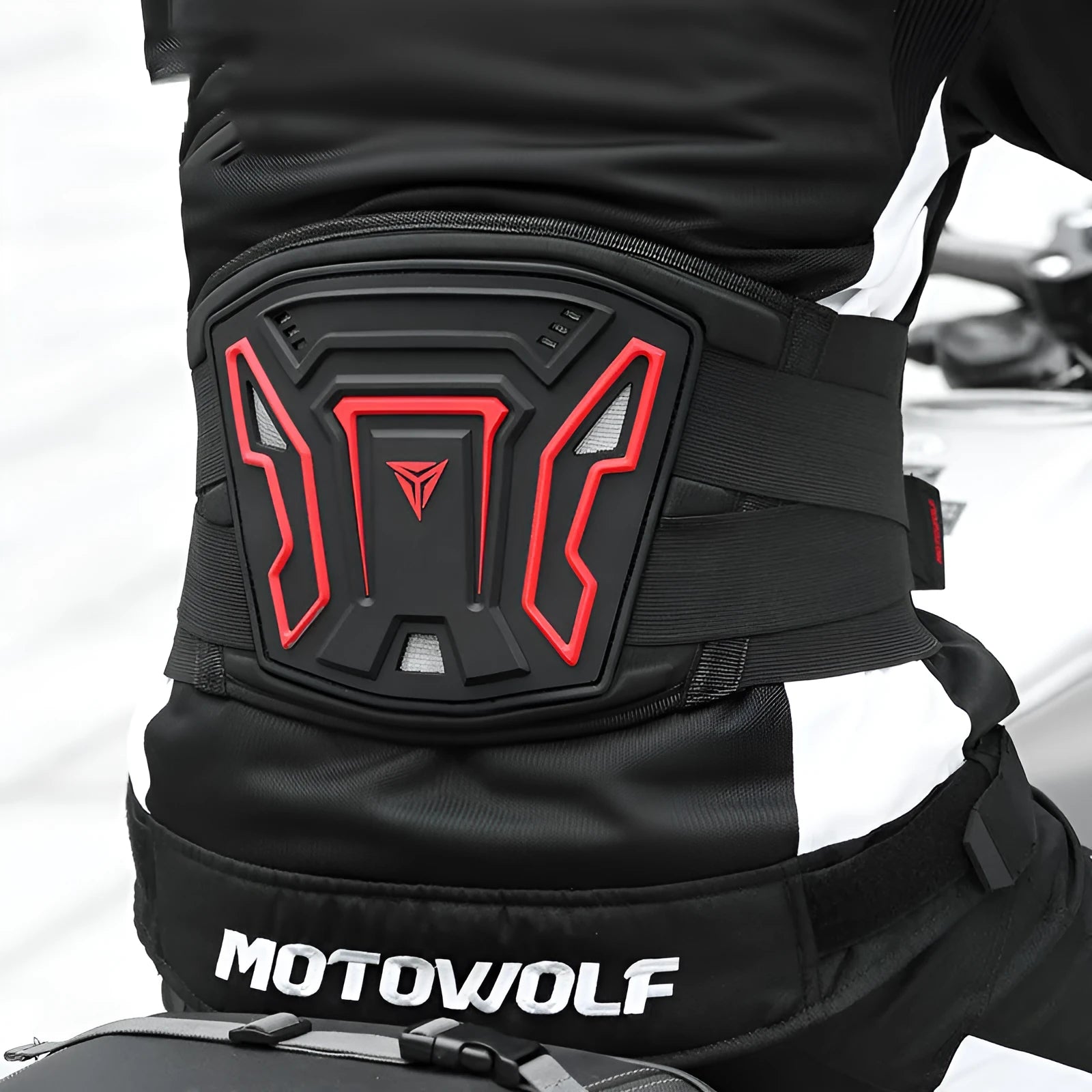 MDL1028 motorcycle riding waist support waistband in black or red, adjustable harness design for long-distance travel