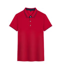 Korean style asymmetric work polo shirt in a solid colour on a hanger, showing loose fit and short sleeves.