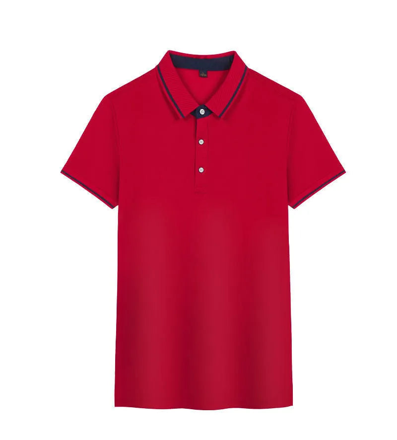 Korean style asymmetric work polo shirt in a solid colour on a hanger, showing loose fit and short sleeves.