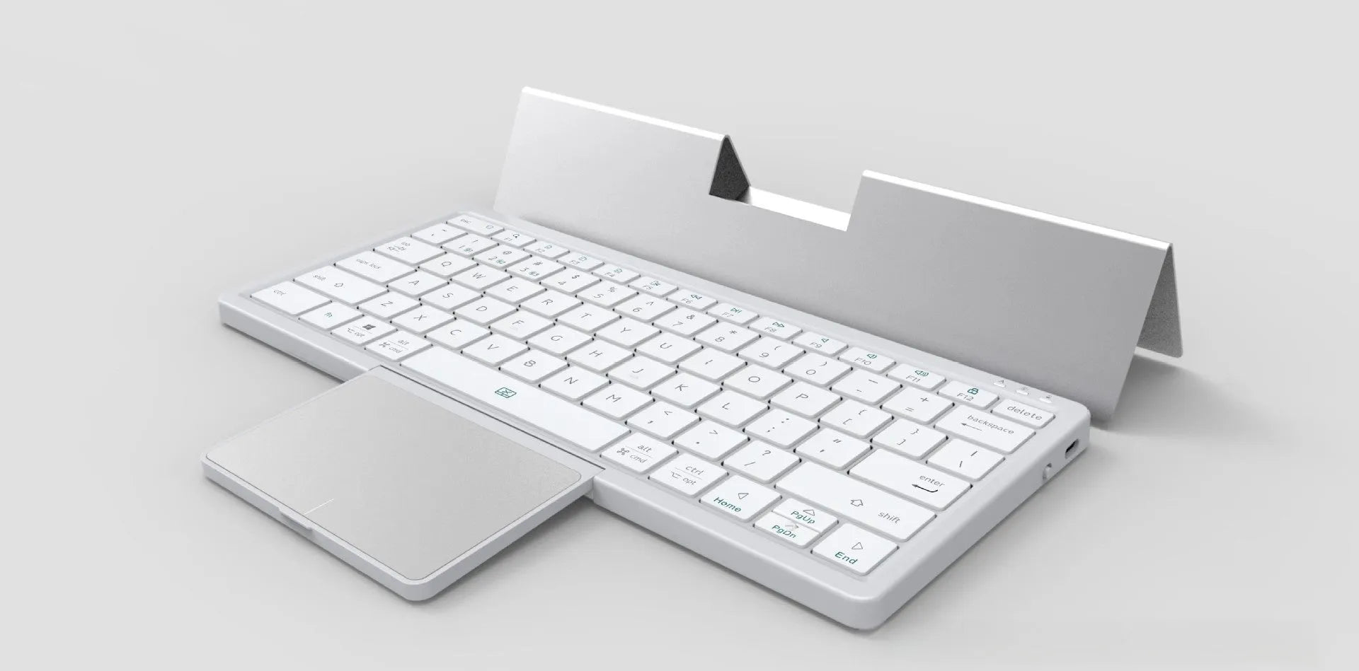 Black and grey wireless Bluetooth keyboard with touchpad next to its leather sheath stand.