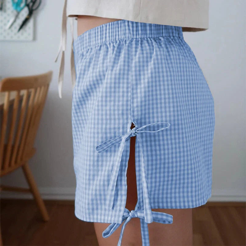 Women's loose plaid print shorts with lace-up design in various colours