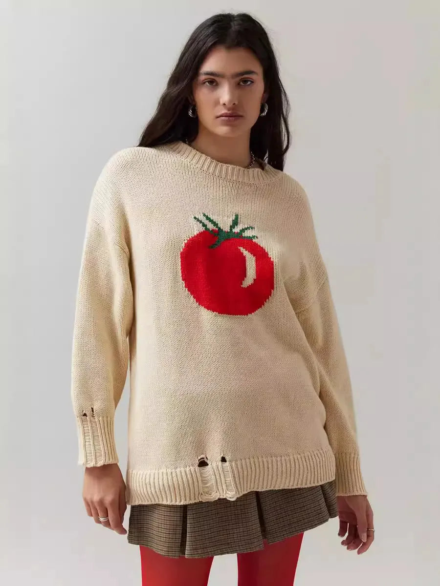 Milky white women's jacquard knit pullover sweater with round neck and long sleeves