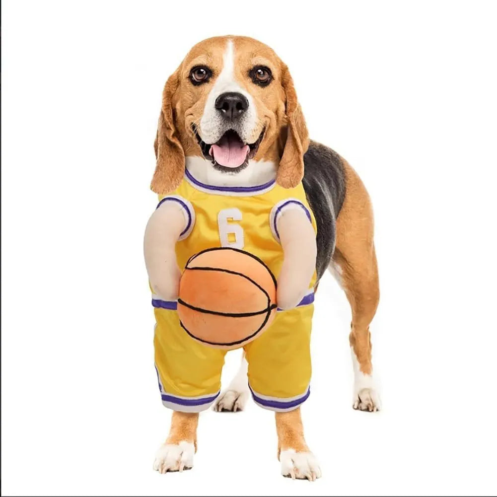 Red or yellow dog basketball costume with toy ball accessory for small medium large dogs