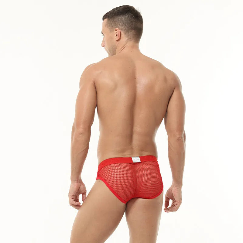 Men's black mesh briefs with low waist design showing elastic waistband and breathable fabric