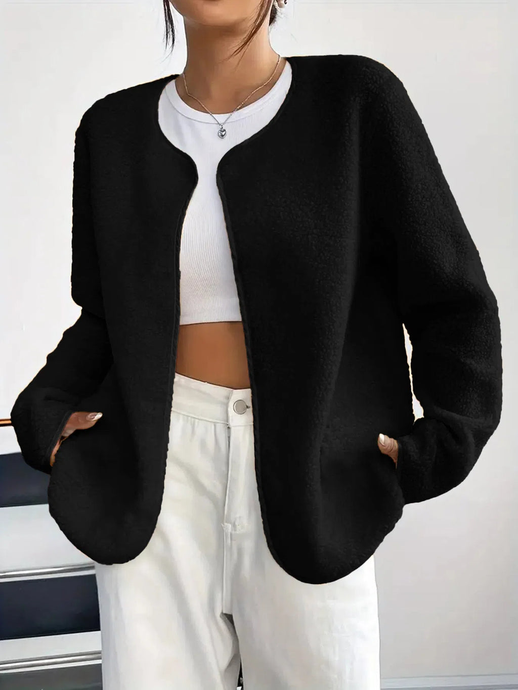 Women's fashion casual solid colour cardigan short jacket in brick red, medium thickness polyester fabric, long sleeves, regular fit