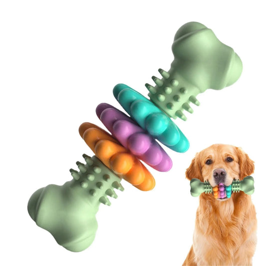 TPR dog chew toy bone in blue, pink, and green for teeth cleaning and stress relief