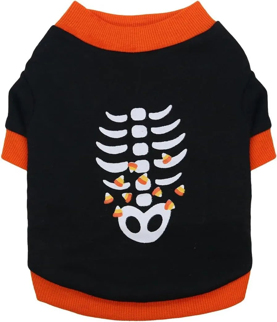 Orange dog sweatshirt with black skeleton print on small breed dog showing ribbed collar and cuffs