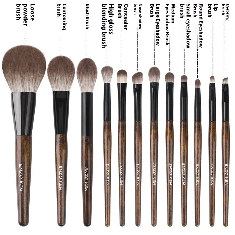12-piece wooden handle makeup brush set with a powder brush in a grey PU pouch